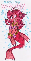 Size: 1166x2260 | Tagged: safe, artist:gilster262, derpibooru import, oc, oc:mezma, mermaid, siren, female, smiling, solo, traditional art