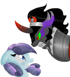 Size: 1842x2022 | Tagged: safe, artist:lovelye, derpibooru import, king sombra, sapphire joy, crystal pony, unicorn, angry, ears, floppy ears, intimidating, looking at each other, scared