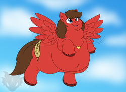 Size: 1801x1321 | Tagged: safe, artist:jouigidragon, derpibooru import, oc, oc only, oc:redbow rose, pegasus, pony, belly, fat, flying, jewelry, necklace, obese, pegasus oc, smiling, solo, spread wings, wings