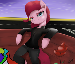 Size: 5016x4299 | Tagged: safe, artist:guatergau5, derpibooru import, pinkie pie, clothes, flower, looking at you, pose, rose