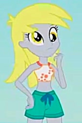 Size: 810x1206 | Tagged: safe, derpibooru import, screencap, derpy hooves, aww... baby turtles, better together, equestria girls, bikini, bikini top, close-up, clothes, cropped, cute, hand on hip, shorts, swimsuit, upscaled