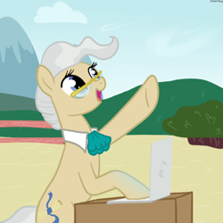 Size: 600x600 | Tagged: safe, artist:hudoyjnik, derpibooru import, mayor mare, earth pony, computer, day, female, laptop computer, looking up, mare, solo, vector