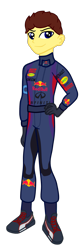Size: 565x1679 | Tagged: safe, artist:gmaplay, derpibooru import, equestria girls, driver, energy drink, f1, formula 1, max verstappen, racing, racing suit, red bull, solo