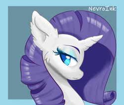 Size: 1280x1084 | Tagged: safe, artist:inkypuso, derpibooru import, rarity, pony, unicorn, blue background, bust, ear fluff, ears, female, lidded eyes, mare, portrait, signature, simple background, smiling, solo