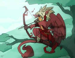 Size: 3300x2550 | Tagged: safe, artist:bbsartboutique, derpibooru import, oc, oc:fynnegan, anthro, griffon, arrow, aztec, bow (weapon), fog, forest, headdress, male, skull, solo, tree, tree branch