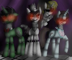Size: 979x816 | Tagged: safe, artist:beatrizflandes, derpibooru import, oc, oc only, alicorn, pegasus, pony, robot, robot pony, unicorn, alicorn oc, cutie mark, digital art, female, five nights at freddy's, horn, looking at you, male, mare, stallion, tail, wings