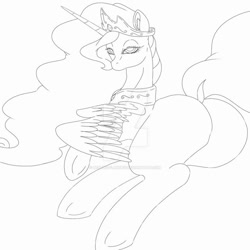 Size: 900x900 | Tagged: safe, artist:beatrizflandes, derpibooru import, princess celestia, alicorn, pony, butt, collar, crown, digital art, hooves, horn, jewelry, looking at you, monochrome, plot, regalia, simple background, sketch, spread wings, sunbutt, tail, white background, wings