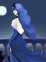 Size: 3000x4000 | Tagged: safe, artist:sonatalicious, derpibooru import, princess luna, human, balcony, clothes, crown, dress, evening gloves, female, full moon, gloves, humanized, jewelry, long gloves, looking at you, looking back, looking back at you, moon, night, regalia, sky, smiling, solo, stars