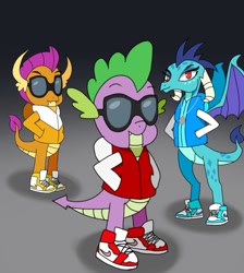 Size: 929x1037 | Tagged: safe, artist:mythril azure, derpibooru import, princess ember, smolder, spike, dragon, among drip, clothes, dragoness, drip, female, glasses, jacket, male, shoes, sneakers