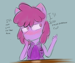 Size: 672x568 | Tagged: safe, artist:leola-kittycorn, derpibooru import, berry punch, berryshine, anthro, earth pony, pony, background pony, blushing, clothes, cutie mark, cutie mark on clothes, drunk, ear blush, handwritten text, lyrics, messy coloring, sad, song reference, text, vocaloid, wavy mouth