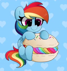 Size: 3858x4096 | Tagged: safe, artist:kittyrosie, derpibooru import, rainbow dash, pegasus, blushing, female, food, heart, macaron, solo