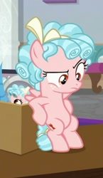 Size: 717x1235 | Tagged: safe, derpibooru import, screencap, cozy glow, pegasus, pony, school raze, bipedal, bipedal leaning, cropped, female, leaning, looking down, solo, toy box