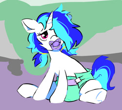Size: 1280x1152 | Tagged: safe, artist:onc3l3rphobix, derpibooru import, dj pon-3, vinyl scratch, pony, unicorn, adult foal, alternate hairstyle, cute, diaper, diaper fetish, fetish, hair over one eye, pacifier, pigtails, simple background, sleepy, solo