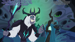 Size: 1920x1079 | Tagged: safe, artist:andoanimalia, artist:cloudyglow, artist:jeatz-axl, derpibooru import, edit, queen chrysalis, storm king, changeling, changeling queen, yeti, my little pony: the movie, antagonist, armor, beast, caption, changeling hive, claws, crack shipping, crown, fangs, female, flirting, grin, image macro, jewelry, nose wrinkle, regalia, scrunchy face, shipping, smiling, speechless, staff, staff of sacanas, storm king's emblem, stormchrysalis, text, vector, vector edit, wide eyes