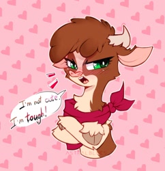 Size: 1128x1164 | Tagged: safe, artist:astralblues, derpibooru import, arizona cow, cow, them's fightin' herds, abstract background, angry, arizonadorable, blushing, chest fluff, community related, crossed hooves, cute, dialogue, ear fluff, ears, female, heart, hoof fluff, i'm not cute, open mouth, shy, solo, speech bubble