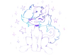 Size: 1098x807 | Tagged: safe, artist:astralblues, derpibooru import, oc, oc:astral blues, pony, unicorn, chest fluff, ear fluff, ears, happy, hoof fluff, leg fluff, shoulder fluff, sitting, sketch, solo, stars