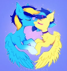 Size: 1325x1412 | Tagged: safe, artist:astralblues, derpibooru import, oc, pegasus, pony, blushing, chest fluff, choker, cute, ear fluff, ears, eyes closed, holding hooves, hoof fluff, hooves, kissing, shoulder fluff, shy, wings, wings down