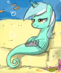 Size: 387x462 | Tagged: safe, artist:johnjoseco, derpibooru import, edit, lyra heartstrings, fish, pony, sea pony, unicorn, bedroom eyes, cropped, meanwhile, ocean, radio, seaponified, seapony lyra, smiling, sofa, species swap, underwater