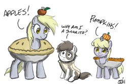 Size: 900x598 | Tagged: safe, artist:johnjoseco, derpibooru import, edit, derpy hooves, dinky hooves, pipsqueak, earth pony, pegasus, pony, unicorn, adobe imageready, apple, burrito, clothes, colt, costume, female, filly, food, male, mare, mother and child, mother and daughter, parent and child, pie, pumpkin, simple background, trio, white background
