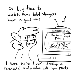Size: 3000x3000 | Tagged: safe, artist:tjpones, derpibooru import, oc, oc only, oc:tjpones, earth pony, pony, black and white, dialogue, glasses, grayscale, male, monochrome, simple background, solo, stallion, television, white background