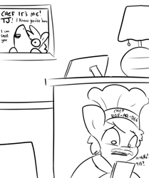 Size: 3000x3591 | Tagged: safe, artist:tjpones, derpibooru import, oc, oc only, oc:tjpones, earth pony, pony, black and white, cellphone, chef, chef's hat, desk, duo, grayscale, hat, male, monochrome, phone, smartphone, stallion