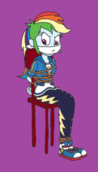 Size: 1088x1896 | Tagged: safe, artist:bugssonicx, artist:csxz, color edit, derpibooru import, edit, rainbow dash, equestria girls, angry, arm behind back, bondage, bound and gagged, cloth gag, clothes, colored, gag, pants, rope, rope bondage, shoes, sneakers, tied to chair, tied up
