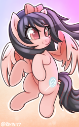 Size: 1500x2400 | Tagged: safe, artist:rivin177, derpibooru import, oc, oc only, pegasus, pony, black hair, bow, commission, flying, hooves up, simple background, solo