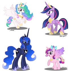 Size: 1080x1080 | Tagged: safe, artist:luna.queex, derpibooru import, princess cadance, princess celestia, princess luna, princess twilight 2.0, twilight sparkle, twilight sparkle (alicorn), alicorn, pony, the last problem, bedroom eyes, bow, crown, ethereal mane, eyelashes, female, flying, grin, hair bow, hoof shoes, horn, jewelry, mare, older, older twilight, open mouth, peytral, raised hoof, raised leg, rearing, regalia, signature, simple background, smiling, starry mane, tiara, wings