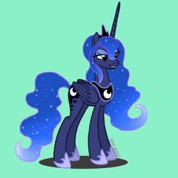Size: 1080x1080 | Tagged: safe, alternate version, artist:luna.queex, derpibooru import, princess luna, alicorn, pony, blue background, ethereal mane, eyelashes, female, grin, hoof shoes, horn, jewelry, mare, peytral, signature, simple background, smiling, solo, starry mane, tiara, wings