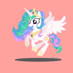Size: 1080x1080 | Tagged: safe, alternate version, artist:luna.queex, derpibooru import, princess celestia, alicorn, pony, eyelashes, female, flying, grin, hoof shoes, horn, jewelry, mare, peytral, pink background, rearing, signature, simple background, smiling, solo, tiara, wings