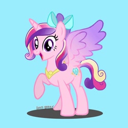 Size: 1080x1080 | Tagged: safe, alternate version, artist:luna.queex, derpibooru import, princess cadance, alicorn, pony, eyelashes, female, horn, mare, open mouth, peytral, raised hoof, raised leg, signature, simple background, smiling, solo, wings