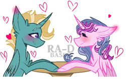 Size: 540x338 | Tagged: safe, artist:cocolove2176, derpibooru import, oc, oc only, alicorn, pony, alicorn oc, base used, blushing, chest fluff, ear fluff, ears, eyes closed, heart, horn, oc x oc, shipping, simple background, smiling, white background, wings