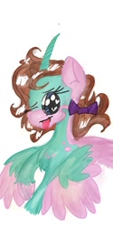 Size: 540x1080 | Tagged: safe, artist:cocolove2176, derpibooru import, oc, oc only, alicorn, pony, :p, alicorn oc, bow, bust, female, hair bow, heart eyes, horn, mare, simple background, solo, tongue, tongue out, two toned wings, white background, wingding eyes, wings