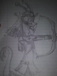 Size: 780x1040 | Tagged: safe, artist:cocolove2176, derpibooru import, discord, draconequus, arrow, bow (weapon), captain wuzz, grayscale, lineart, lined paper, male, monochrome, solo, traditional art