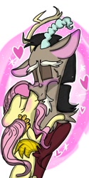 Size: 540x1080 | Tagged: safe, artist:cocolove2176, derpibooru import, discord, fluttershy, draconequus, pegasus, pony, abstract background, blushing, discoshy, facial hair, female, goatee, heart, hug, kissing, male, mare, shipping, straight