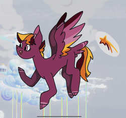 Size: 1780x1668 | Tagged: safe, artist:caramelbolt24, derpibooru import, oc, oc only, pegasus, pony, cloud, cloven hooves, ear fluff, ears, flying, outdoors, pegasus oc, solo