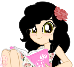 Size: 727x654 | Tagged: safe, alternate version, artist:amgiwolf, derpibooru import, oc, oc only, oc:amgi, equestria girls, background removed, clothes, equestria girls-ified, exclamation point, eyelashes, female, flower, flower in hair, interrobang, question mark, simple background, smiling, transparent background