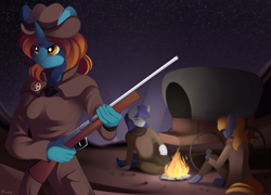 Size: 2000x1440 | Tagged: safe, artist:conrie, derpibooru import, oc, oc only, oc:dust runner, anthro, unguligrade anthro, unicorn, fallout equestria, anthro oc, blurry background, campfire, clothes, crossover, fallout, female, fire, guarding, gun, mare, night, rifle, sand, solo focus, trio, wagon, wasteland, weapon