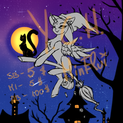 Size: 3000x3000 | Tagged: safe, artist:minelvi, derpibooru import, oc, oc only, alicorn, cat, pony, alicorn oc, broom, commission, flying, flying broomstick, full moon, hat, horn, moon, night, outdoors, pumpkin bucket, solo, tree, wings, witch hat, your character here