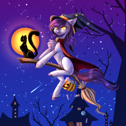 Size: 3000x3000 | Tagged: safe, artist:minelvi, derpibooru import, oc, oc only, cat, earth pony, pony, broom, building, chest fluff, colored hooves, commission, earth pony oc, flying, flying broomstick, hat, night, pumpkin bucket, shooting star, solo, stars, witch hat, ych result