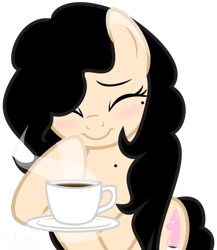 Size: 638x736 | Tagged: safe, artist:amgiwolf, derpibooru import, oc, oc only, oc:amgi, earth pony, pony, base used, bust, coffee, colored hooves, cup, earth pony oc, eyelashes, eyes closed, female, mare, simple background, smiling, solo, transparent background