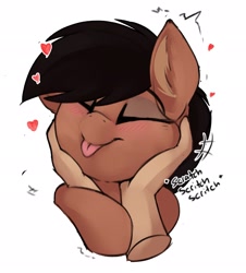 Size: 1855x2048 | Tagged: safe, artist:beardie, oc, oc only, oc:lonestar, bat pony, human, pony, bat pony oc, beardies scritching ponies, blushing, disembodied hand, eyes closed, hand, happy, heart, human on pony petting, male, petting, smiling, solo, stallion, tongue, tongue out