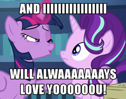 Size: 600x476 | Tagged: safe, derpibooru import, edit, edited screencap, screencap, starlight glimmer, twilight sparkle, twilight sparkle (alicorn), alicorn, pony, unicorn, the crystalling, caption, cropped, duo, female, glowing horn, horn, i will always love you, image macro, lesbian, mare, shipping, singing, song reference, text, twistarlight, whitney houston