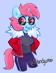 Size: 758x981 | Tagged: safe, artist:handgunboi, derpibooru import, oc, oc only, anthro, unicorn, anthro oc, blue background, clothes, female, glasses, jacket, mare, pants, shirt, simple background