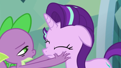 Size: 1920x1080 | Tagged: safe, derpibooru import, screencap, spike, starlight glimmer, dragon, pony, unicorn, the crystalling, duo, eyes closed, female, lidded eyes, male, mare, open mouth, out of context