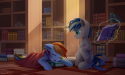 Size: 1600x960 | Tagged: safe, artist:emeraldgalaxy, derpibooru import, rainbow dash, oc, oc:dopami korpela, pegasus, pony, unicorn, blanket, book, bookshelf, canon x oc, dopadash, duo, eyes closed, female, levitation, library, magic, male, mare, shipping, sleeping, stallion, straight, telekinesis