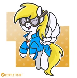 Size: 1200x1213 | Tagged: safe, artist:redpalette, derpibooru import, oc, pegasus, abstract background, clothes, cute, female, flying, goggles, jewelry, lab coat, mare, necklace, not derpy, pegasus oc, smiling, vector