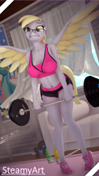 Size: 3160x5618 | Tagged: safe, artist:phenioxflame, derpibooru import, derpy hooves, anthro, pegasus, plantigrade anthro, 3d, clothes, glasses, lifting, shorts, solo, source filmmaker, sports bra, sports shorts, struggling, weight lifting, workout, workout outfit