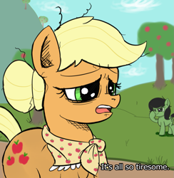 Size: 1053x1081 | Tagged: safe, artist:ponerino, derpibooru import, applejack, oc, oc:anon filly, boop, colored, digital art, meme, messy mane, older, older applejack, parody, self-boop, tired