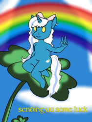 Size: 1200x1600 | Tagged: safe, artist:eldritchhostess, derpibooru import, oc, oc:fleurbelle, alicorn, anthro, bow, clover, female, hair bow, holiday, mare, peace sign, rainbow, saint patrick's day